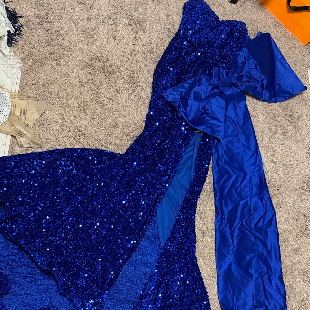 Royal Blue Sequin Gown with Dramatic Bow